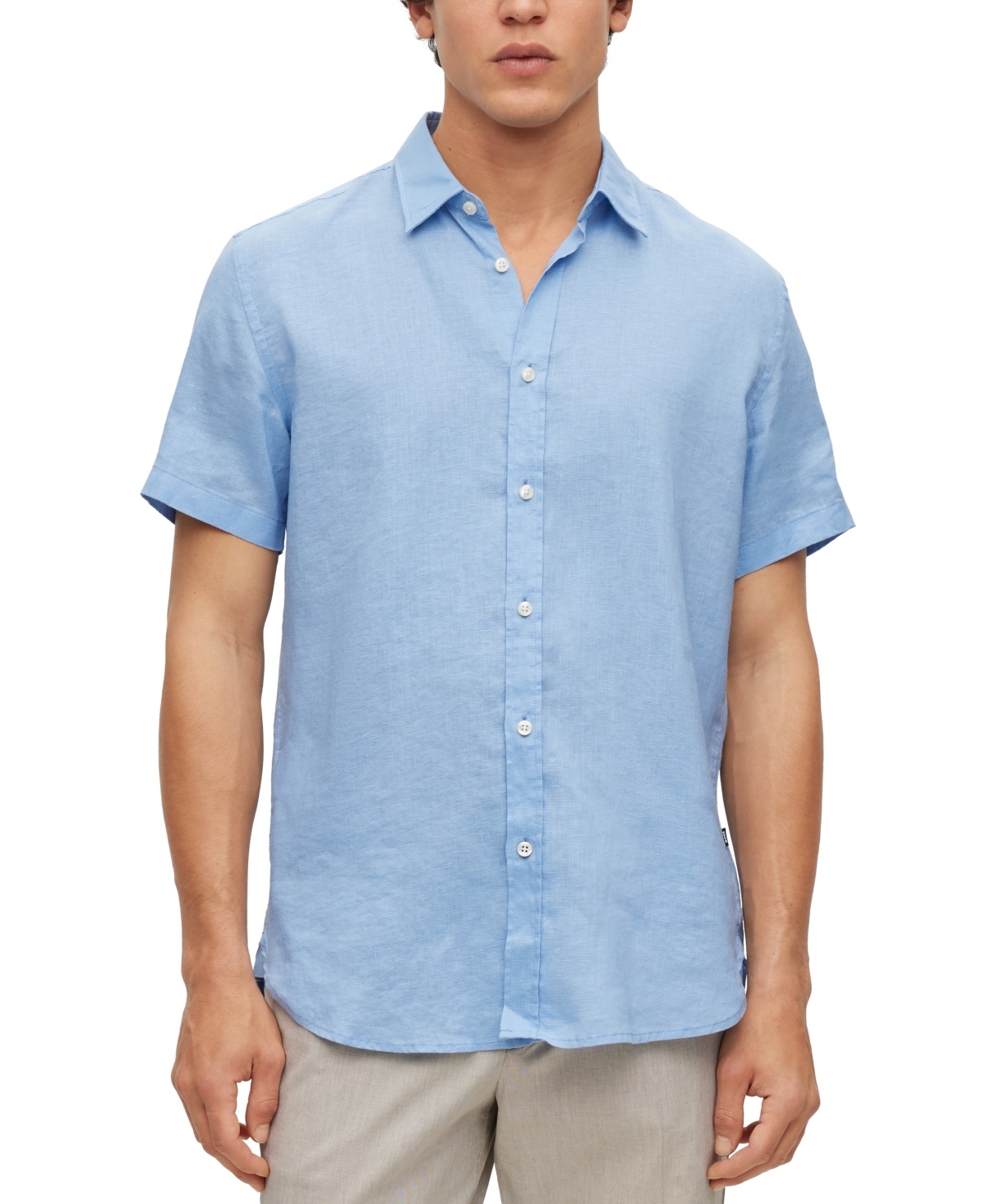 Shop Hugo Boss Boss By  Men's Slim-fit Short-sleeved Shirt In Stretch-linen Chambray In Open Blue