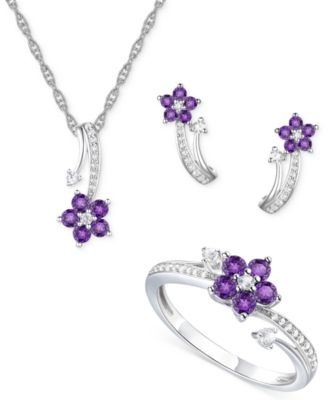 Macy's - 3-Pc. Set Amethyst (1 ct. t.w.) & Lab-Grown White Sapphire (3/8 ct. t.w.) Flower Pendant Necklace, Stud Earrings, & Ring in Sterling Silver (Also in Additional Gemstones)