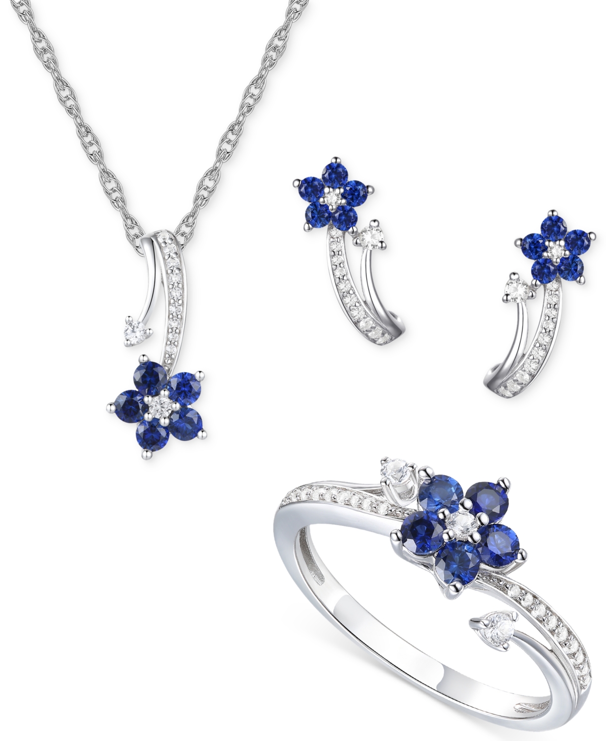 Macy's 3-pc. Set Amethyst (1 Ct. T.w.) & Lab-grown White Sapphire (3/8 Ct. T.w.) Flower Pendant Necklace, S