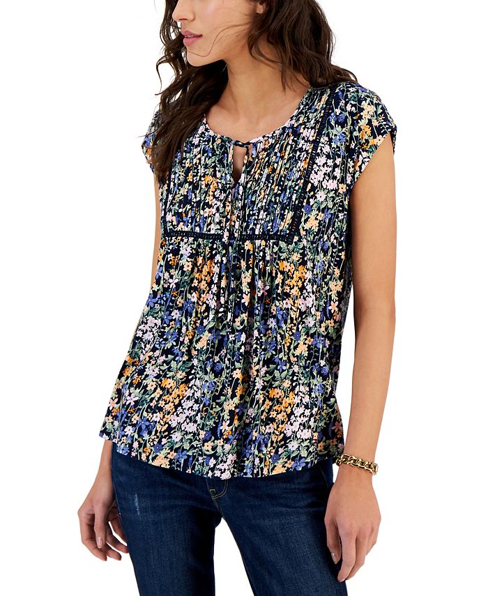 Tommy Hilfiger Women's Floral Print Ladder Trim Pintucked Top White Size X-Large main image 0