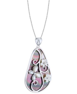 Black & White Mother of Pearl Flower 18" Pendant Necklace in Sterling Silver