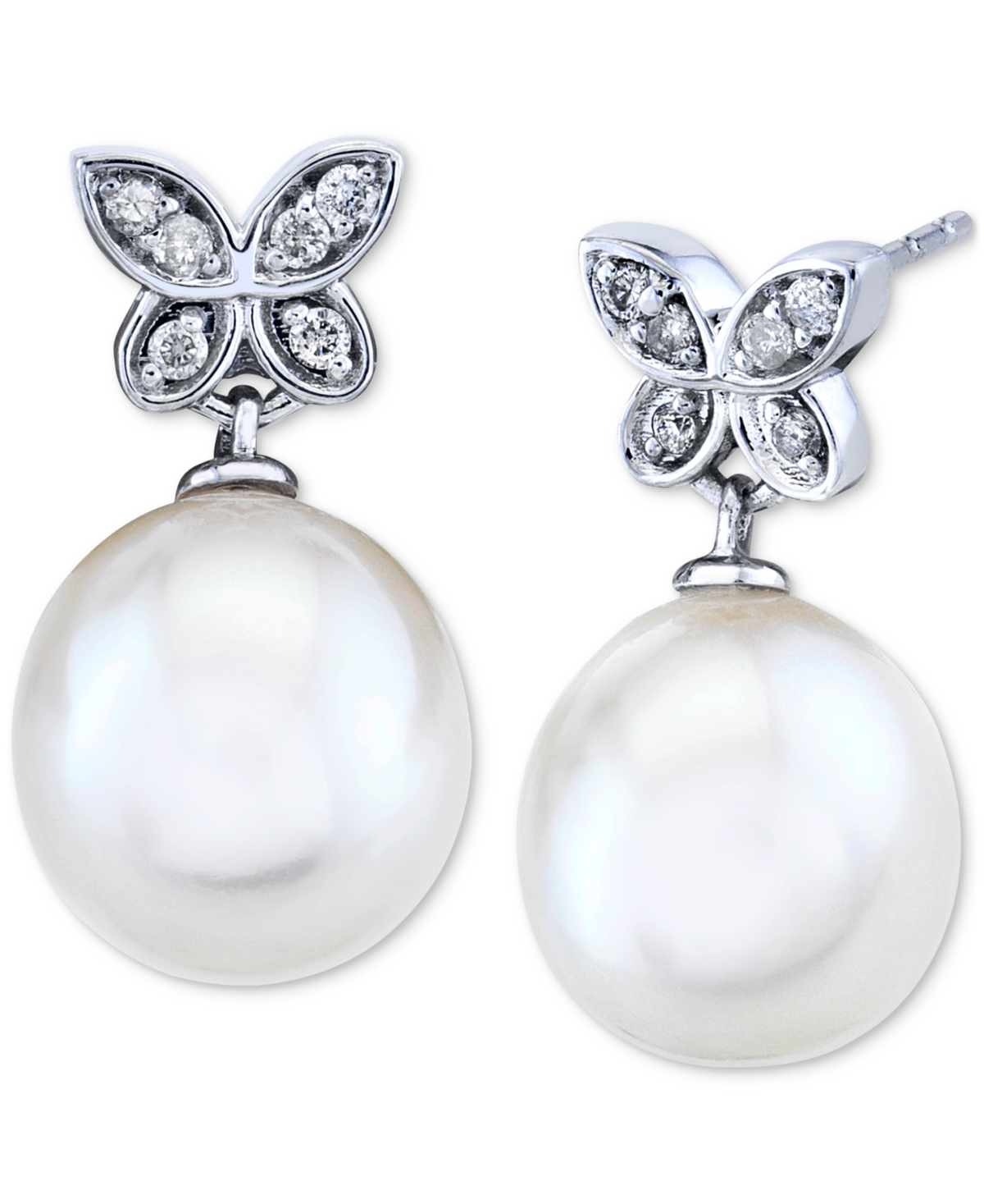 Macy's Cultured Freshwater Pearl (9mm) And Diamond (1/10 Ct. T.w.) Butterfly Drop Earrings In 14k White Gol In White Gold