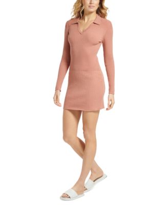 DKNY Jeans - Women's Long Sleeve V-Neck Collared Rib-Knit Dress