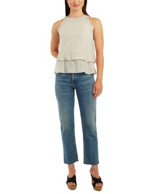 Juniors' Crochet-Trim Layered-Hem Top