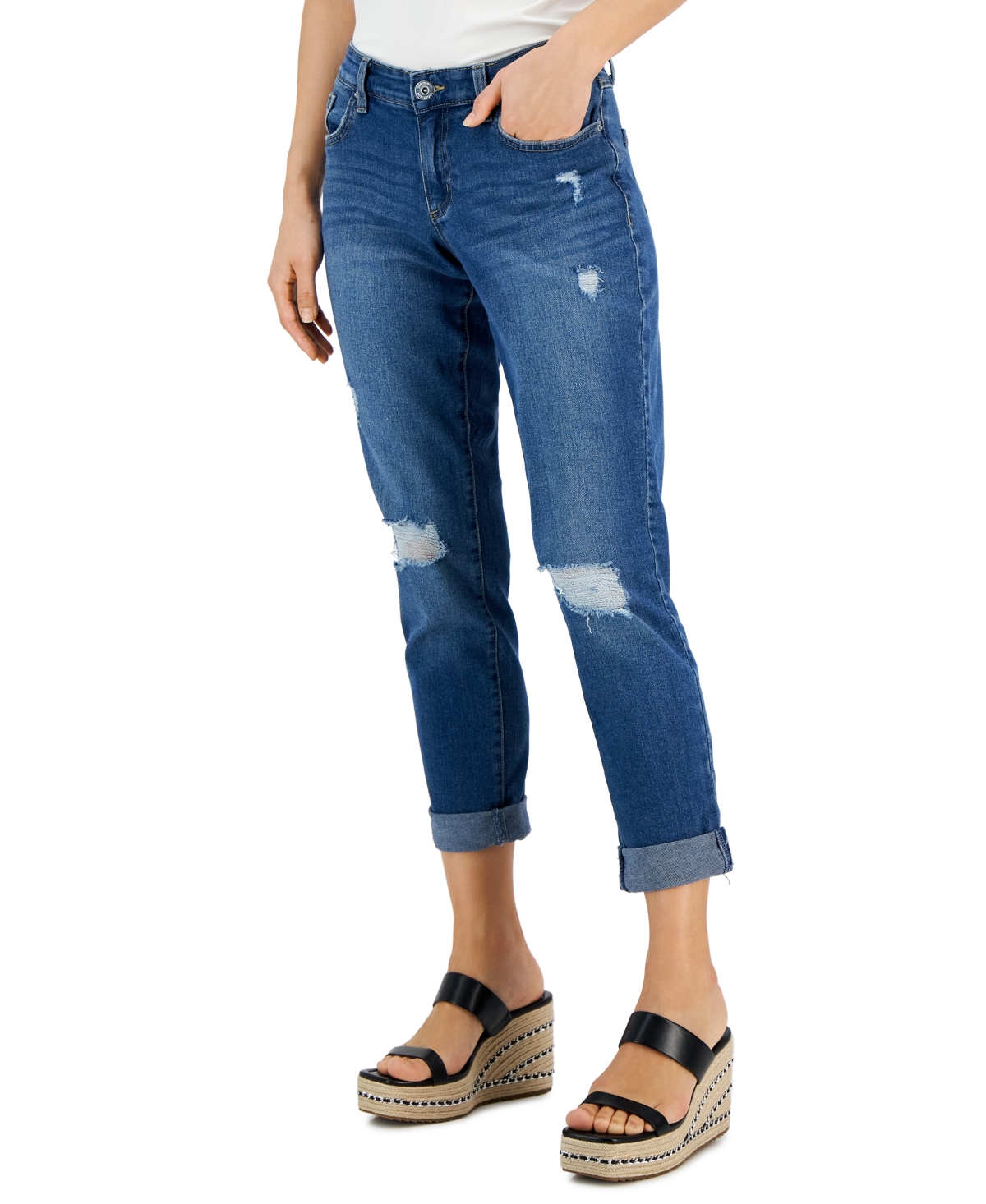  Inc International Concepts Women's Curvy Mid Rise Ripped Straight-Leg Jeans, Created for Macy's