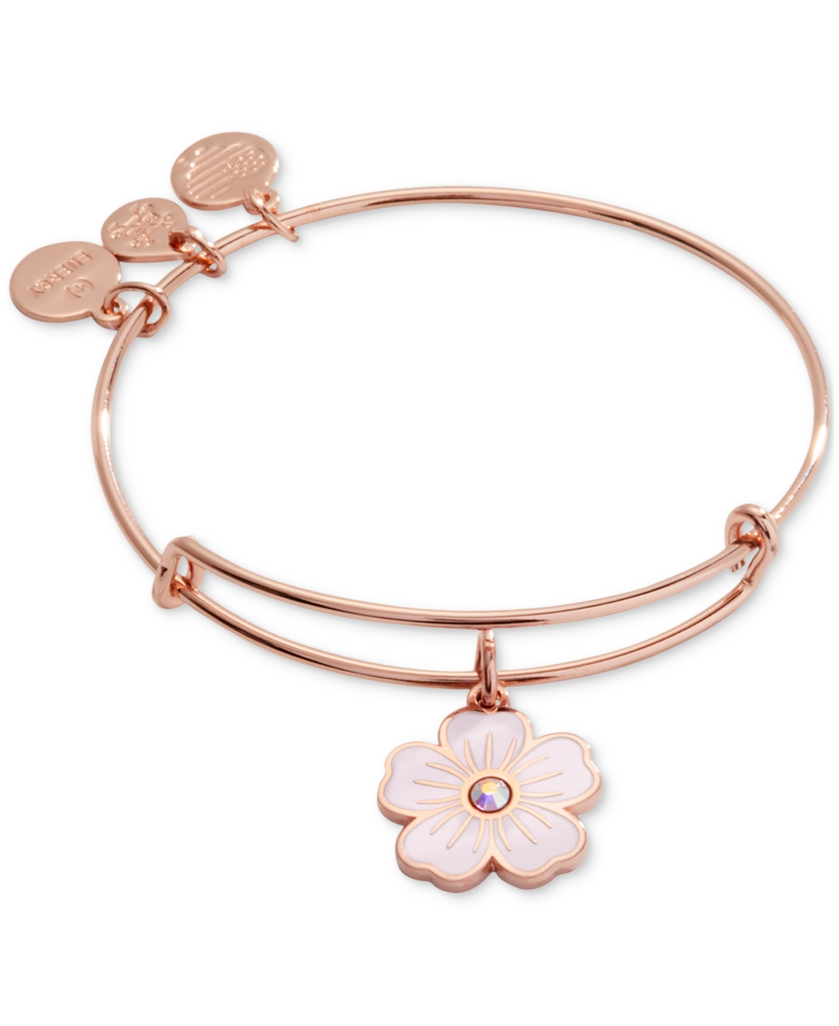 Alex And Ani Silver-tone Pave Pink Pansy Charm Bangle Bracelet In Rose Gold