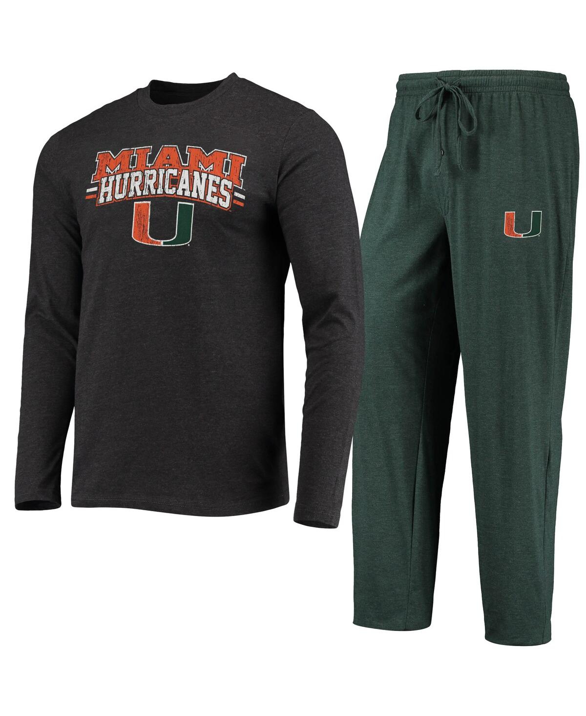 Men's Concepts Sportand Heathered Charcoal Miami Hurricanes Meter Long Sleeve T-shirt and Pants Sleep Set - Green, Heathered Charcoal
