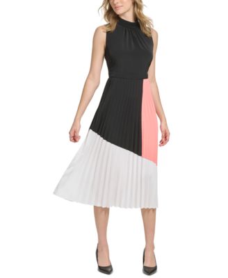KARL LAGERFELD PARIS - Women's Colorblocked Mock-Neck Pleated Midi Dress