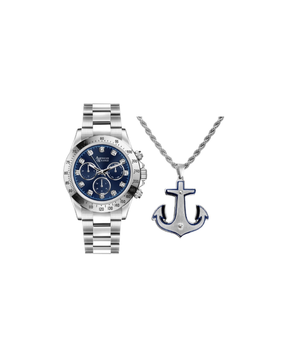 American Exchange Men's Analog Silver-Tone Metal Alloy Watch 46mm Gift Set, 2 Pieces