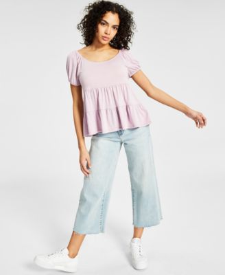 Hippie Rose - Juniors' Puffed-Sleeve Tiered Babydoll Top