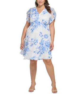 Calvin Klein Plus Size Floral-Print Puff-Sleeve A-Line Dress Macy's
