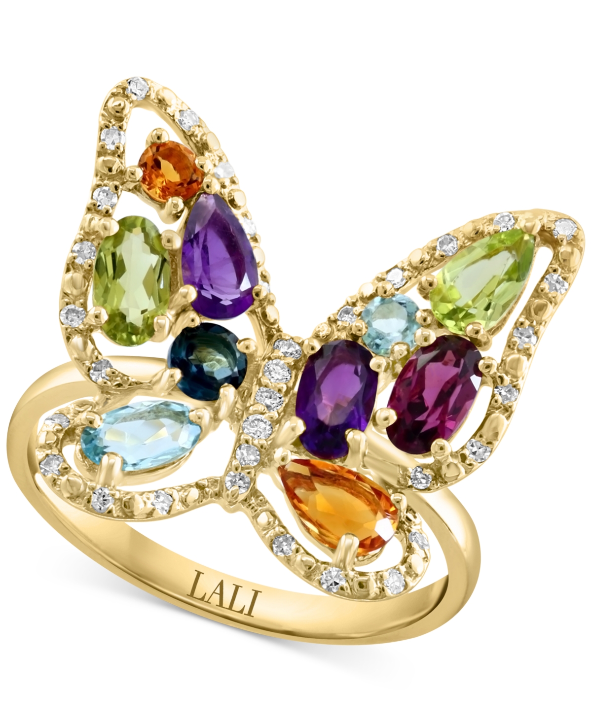 Multi-Gemstone (1-3/4 ct. t.w.) & Diamond (1/8 ct. t.w.) Butterfly Ring in 14k Gold - Multi-Gemstone