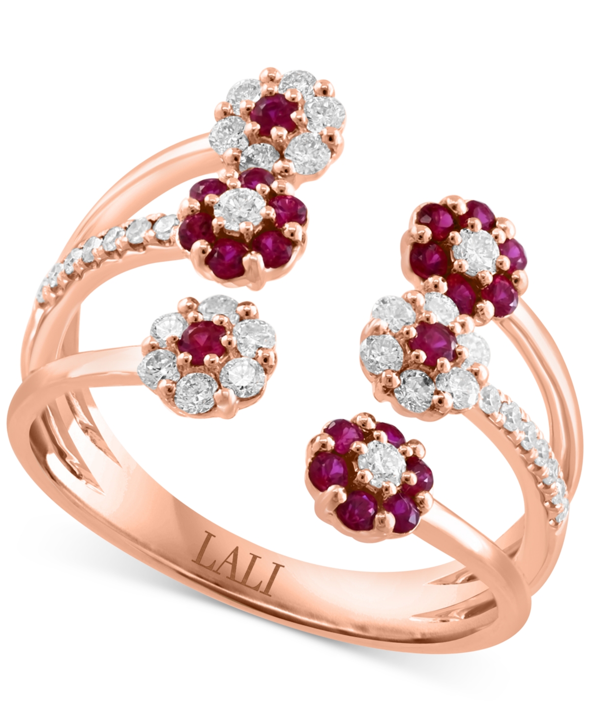 Ruby (1/2 ct. t.w.) & Diamond (3/8 ct. t.w.) Three Row Flower Cuff Ring in 14k Rose Gold - Ruby