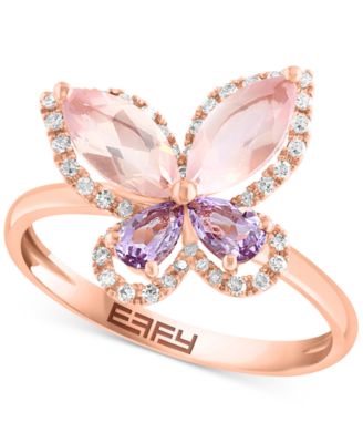 EFFY&reg; Rose Quartz (1 ct. t.w.), Pink Amethyst (1/3 ct. t.w.) & Diamond (1/6 ct. t.w.) Butterfly Ring in 14k Rose Gold