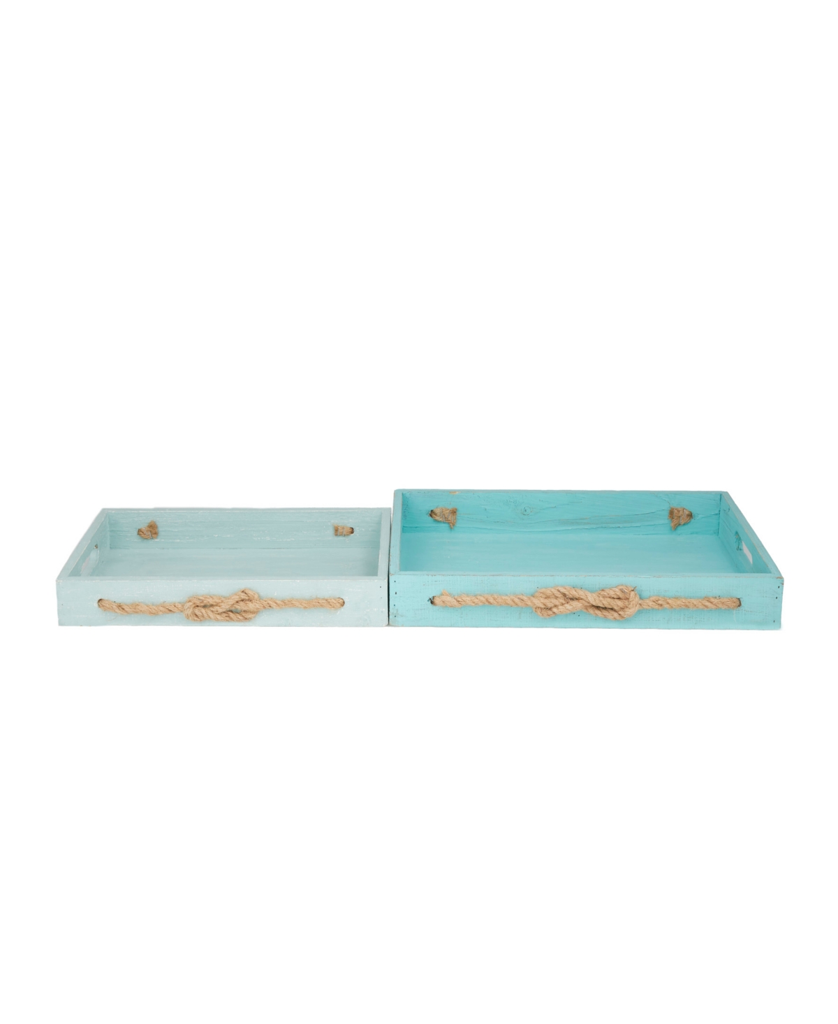 Rosemary Lane Wood Tray With Rope Accents, Set Of 2, 19", 16" W In Blue