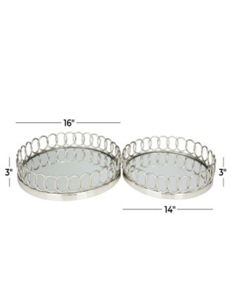 Stainless Steel Mirrored Tray with Circle Patterned Sides, Set of 2, 16", 14" W