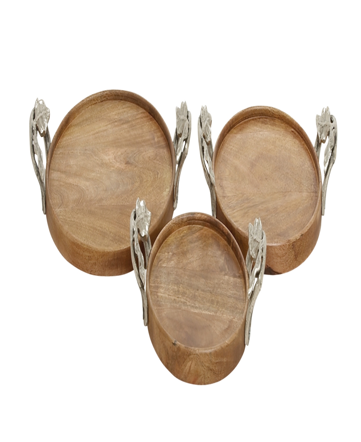 Rosemary Lane Mango Wood Tray With Metal Handles, Set Of 3, 13", 15", 17" W In Brown