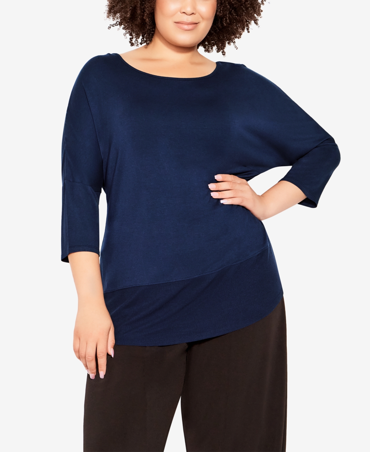 Avenue Plus Size Rivka Frill Scoop Neck Top In Navy