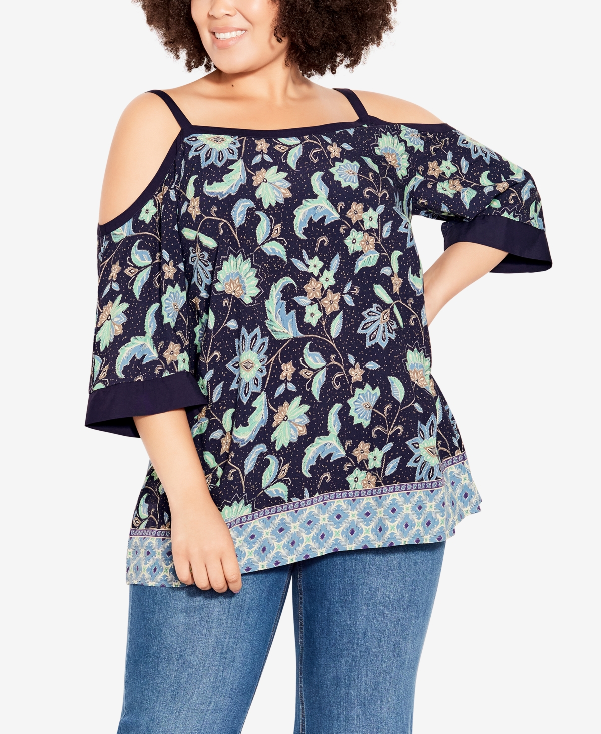 Avenue Plus Size Daisy Print Cold Shoulder Top In English Floral