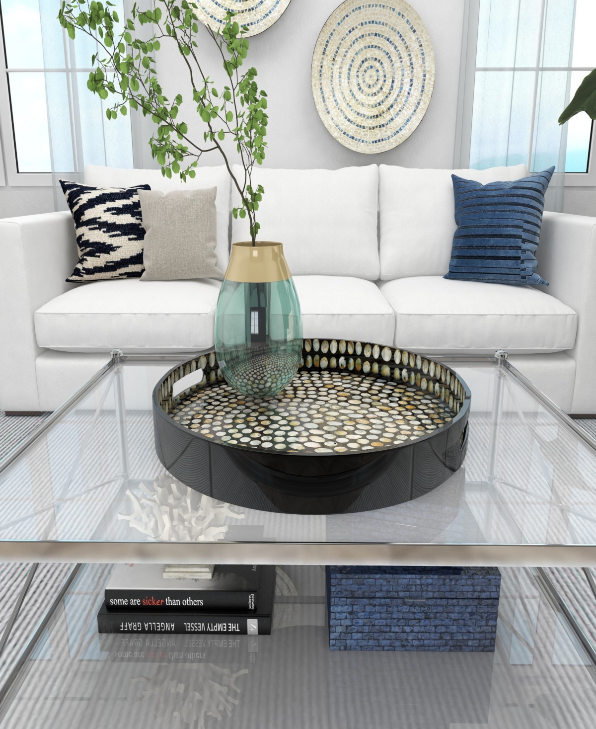 Rosemary Lane Mother of Pearl Handmade Tray with Slot Handles, 24