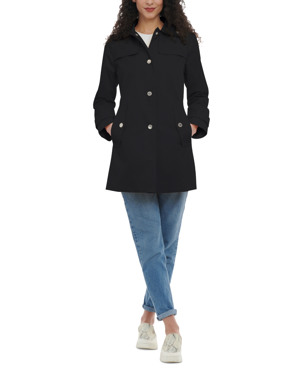 Women's Single-Breasted Hooded Raincoat - Black
