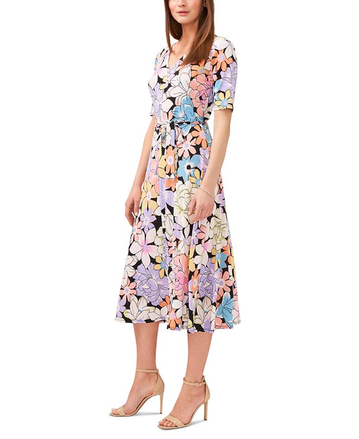 MSK Women's Floral-Print Tie-Waist Midi Dress - Macy's