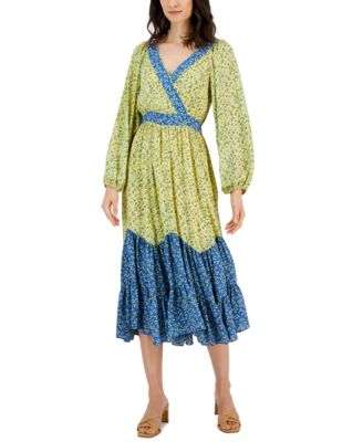 T Tahari - Women's Print Colorblocked Tiered Faux-Wrap Dress