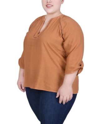 Plus Size Raglan Sleeve Split Neck Blouse 