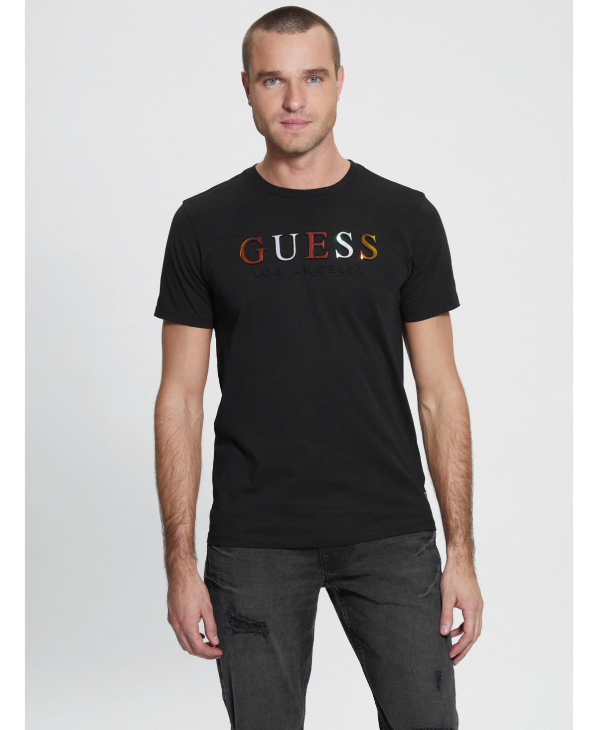 Guess Men's Embossed Logo Short Sleeves T-shirt In Jet Black