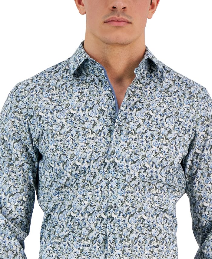 Bar Iii Mens Slim Fit Flamingo Print Dress Shirt White Size Large