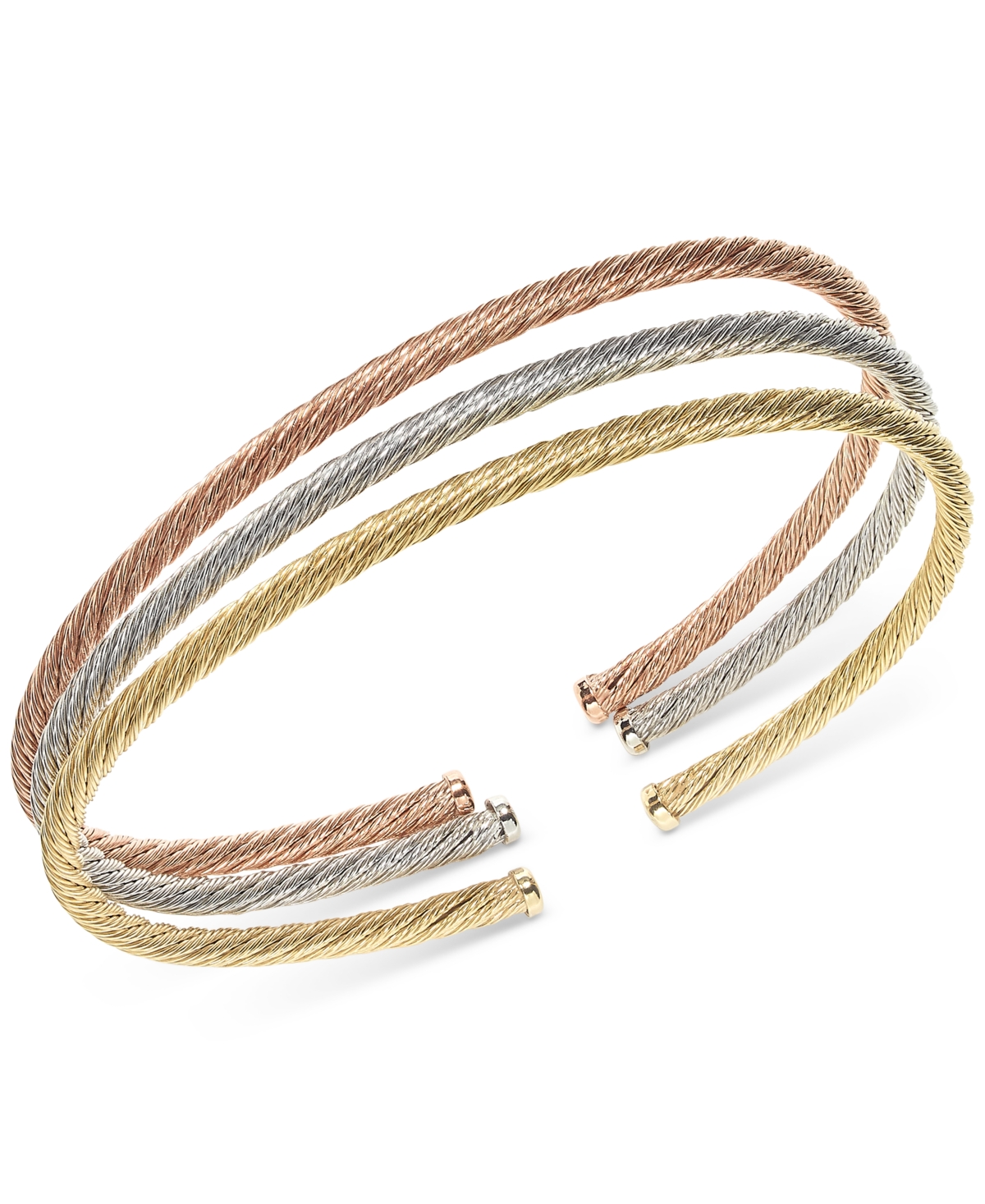 Macy's 3-pc. Set Twisted Cable Cuff Bracelets In 14k Tricolor Gold-plated Sterling Silver In Tri-color