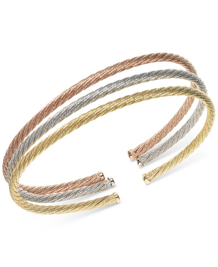 Italian Gold 3-Pc. Set Twisted Cable Cuff Bracelets in 14k Tricolor