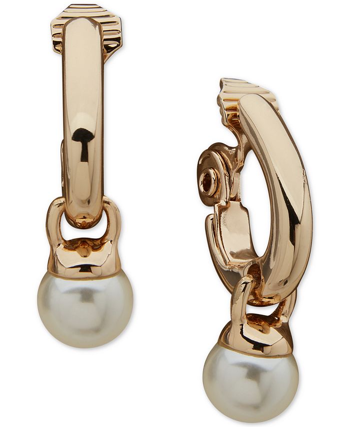 Anne Klein Gold Tone Imitation Pearl Dangle Clip On Hoop Earrings