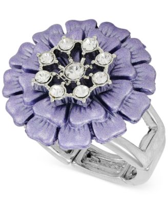 GUESS - Silver-Tone Pav&eacute; Purple Flower Stretch Statement Ring