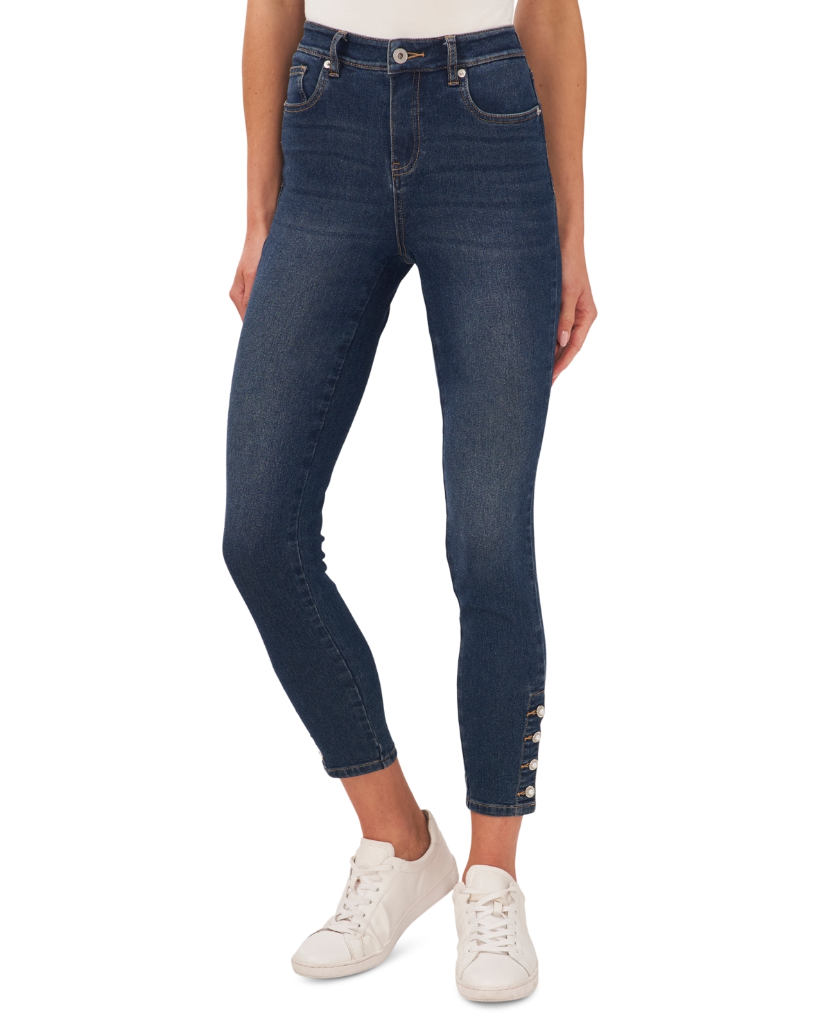Shop Cece Women's Imitation-pearl-trim High-rise Skinny Jeans In Mid Indigo
