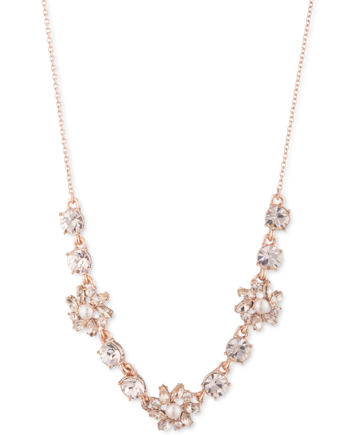 MARCHESA ROSE GOLD-TONE CRYSTAL & IMITATION PEARL CLUSTER FLOWER STATEMENT NECKLACE, 16" + 3" EXTENDER