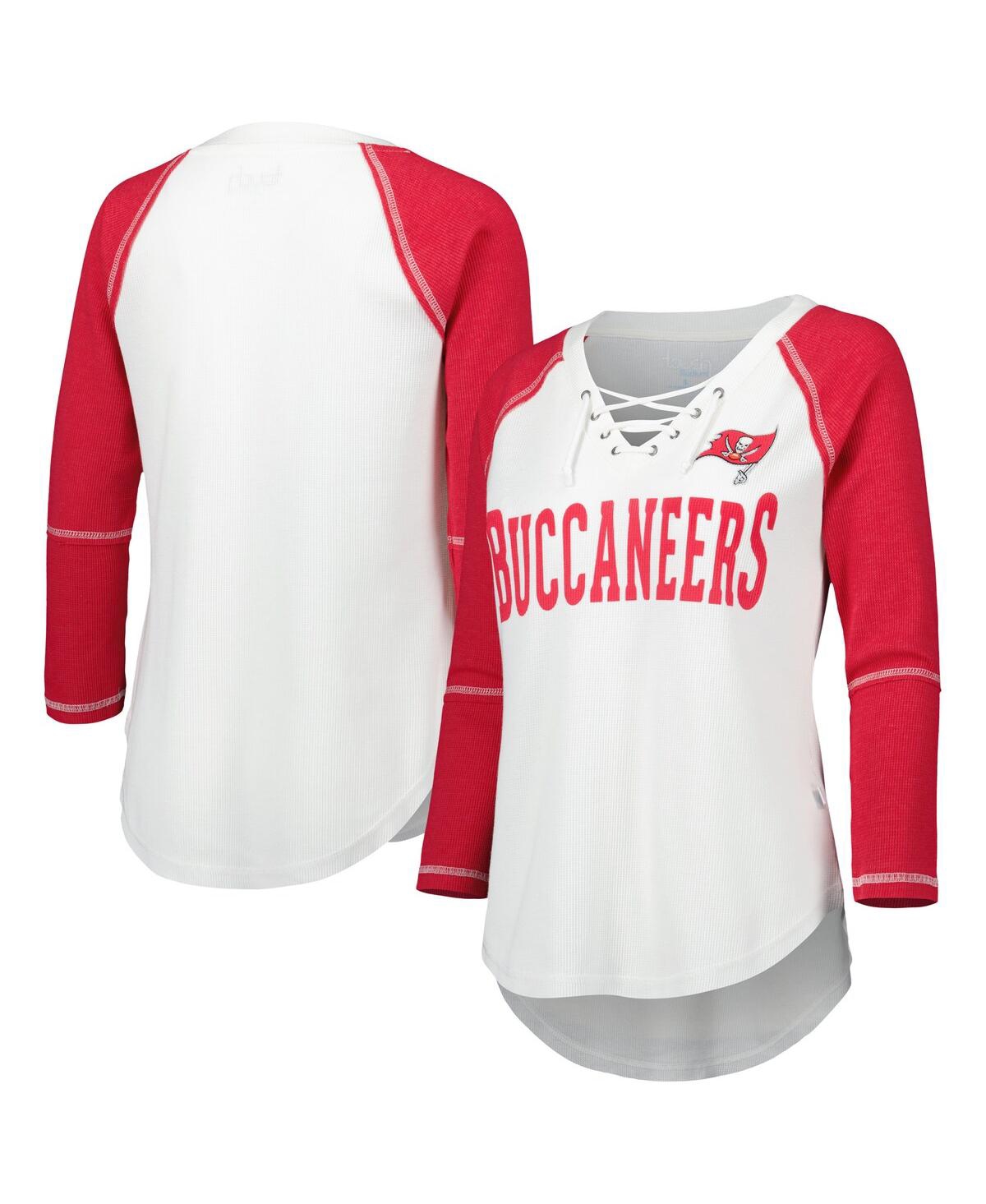 Women's Touch White, Red Tampa Bay Buccaneers Rebel Raglan Three-Quarter Sleeve Lace-Up V-Neck T-shirt - White, Red