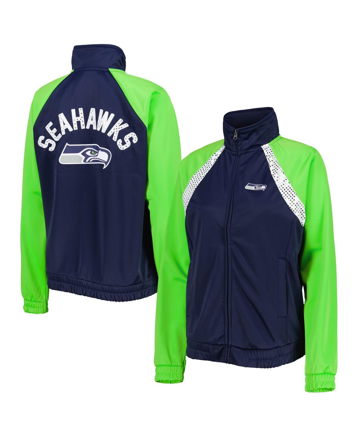 Women's G-iii 4Her by Carl Banks College Navy and Neon Green Seattle Seahawks Confetti Raglan Full-Zip Track Jacket - Navy, Neon Green