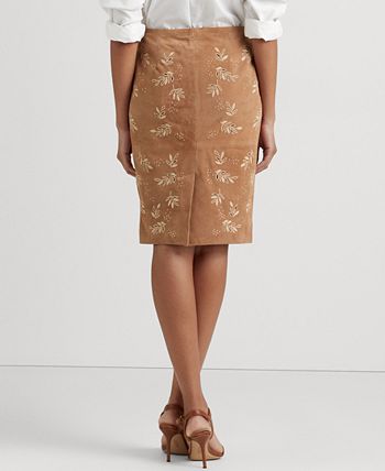 Lauren Ralph Lauren Women's Embroidered Suede Pencil Skirt - Macy's