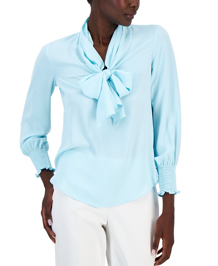 Women's Chiffon Smocked-Cuff Bow Blouse