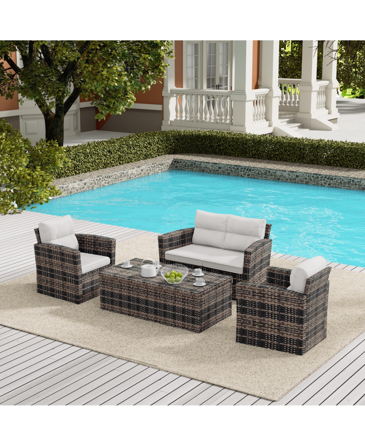 WestinTrends 4-Piece Pe Rattan Wicker Conversation Sofa Set with Cushions