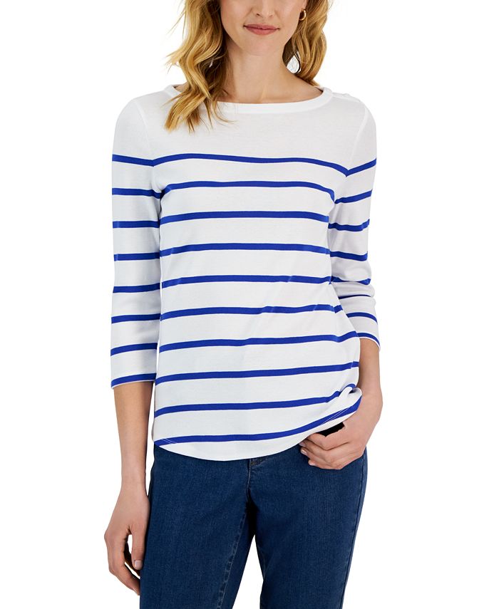 Charter Club Womens Cotton Striped Boat Neck Top Pink Combo Size Petite S M main image 0