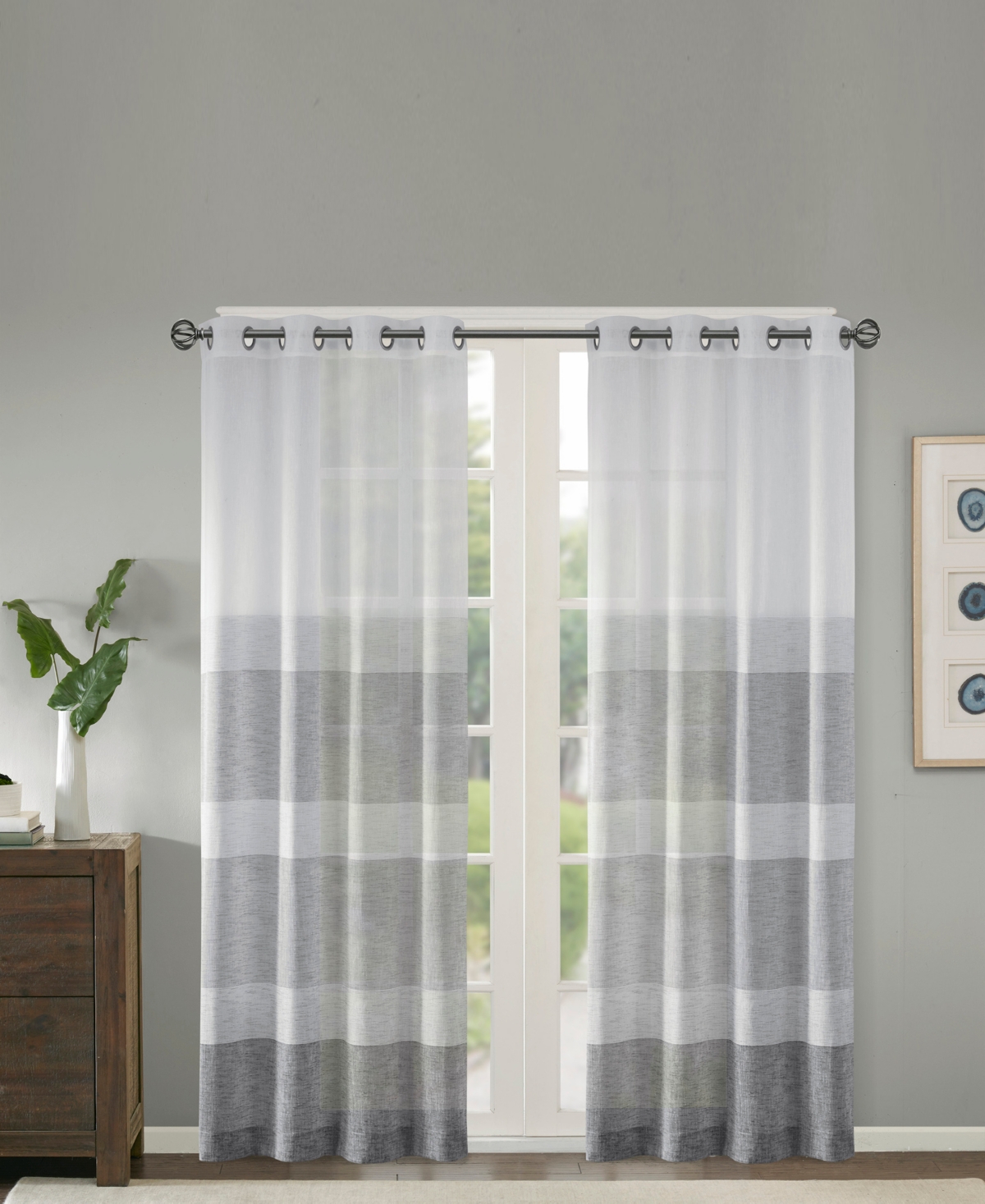 Hayden Striped Linen-Like Sheer Window Panel, 50" x 95" - Grey
