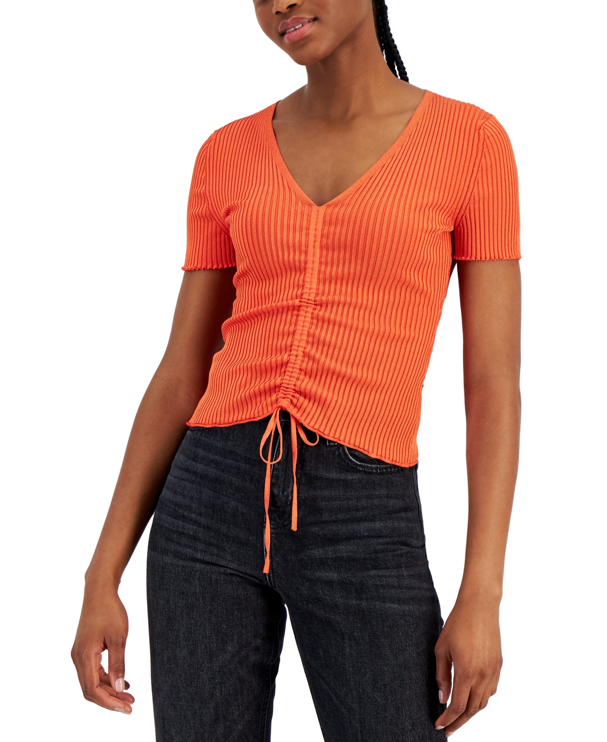 Hugo Boss Short-sleeved Ribbed Sweater With Gathered Front In Bright Orange