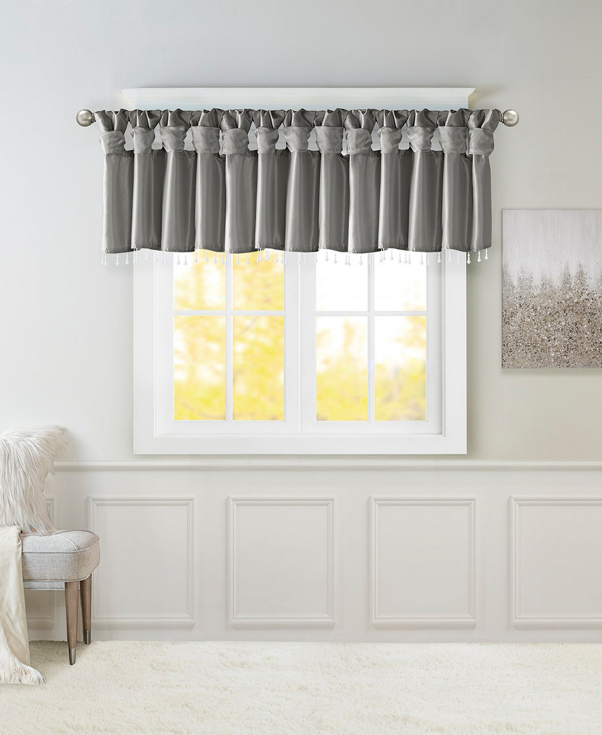 Madison Park Emilia Lightweight Faux Silk Valance With Beads, 26 inch valances for windows, Width 50 length 26 inches, Pewter curtain with valance - C