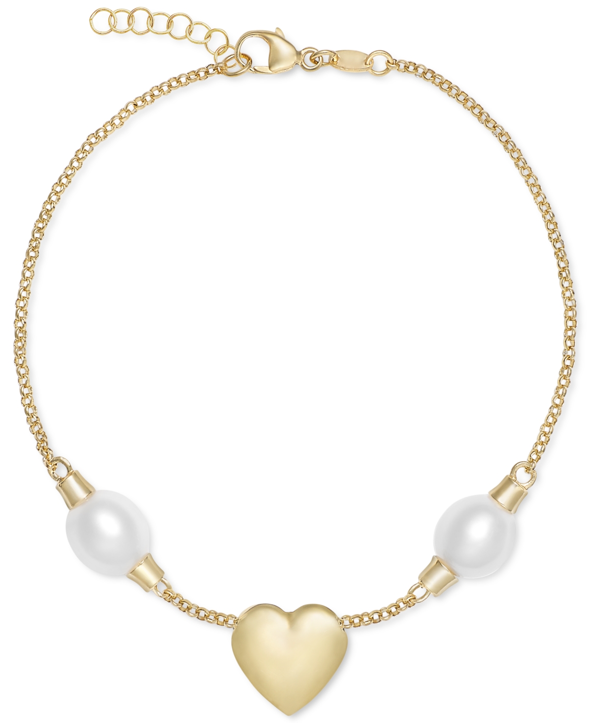 Macy's Cultured Freshwater Pearl (7 1/4 X 8mm) Heart Link Bracelet In 14k Gold-plated Sterling Silver In Gold Over Silver