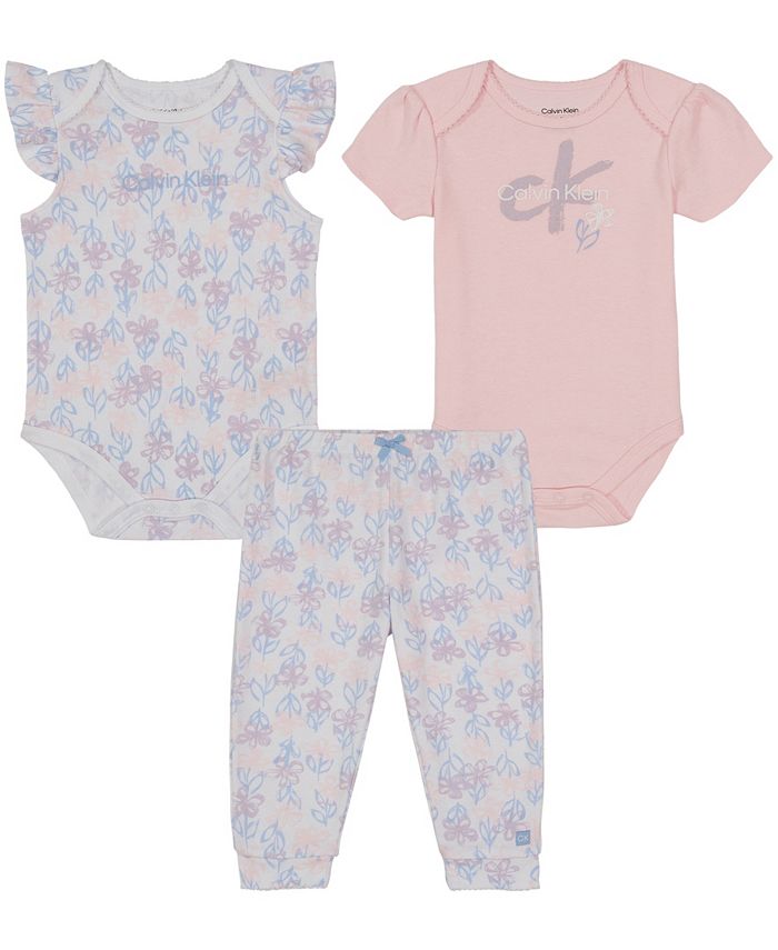 Calvin Klein Baby Girls Printed Bodysuits and Joggers, 3 Piece Set Macy's
