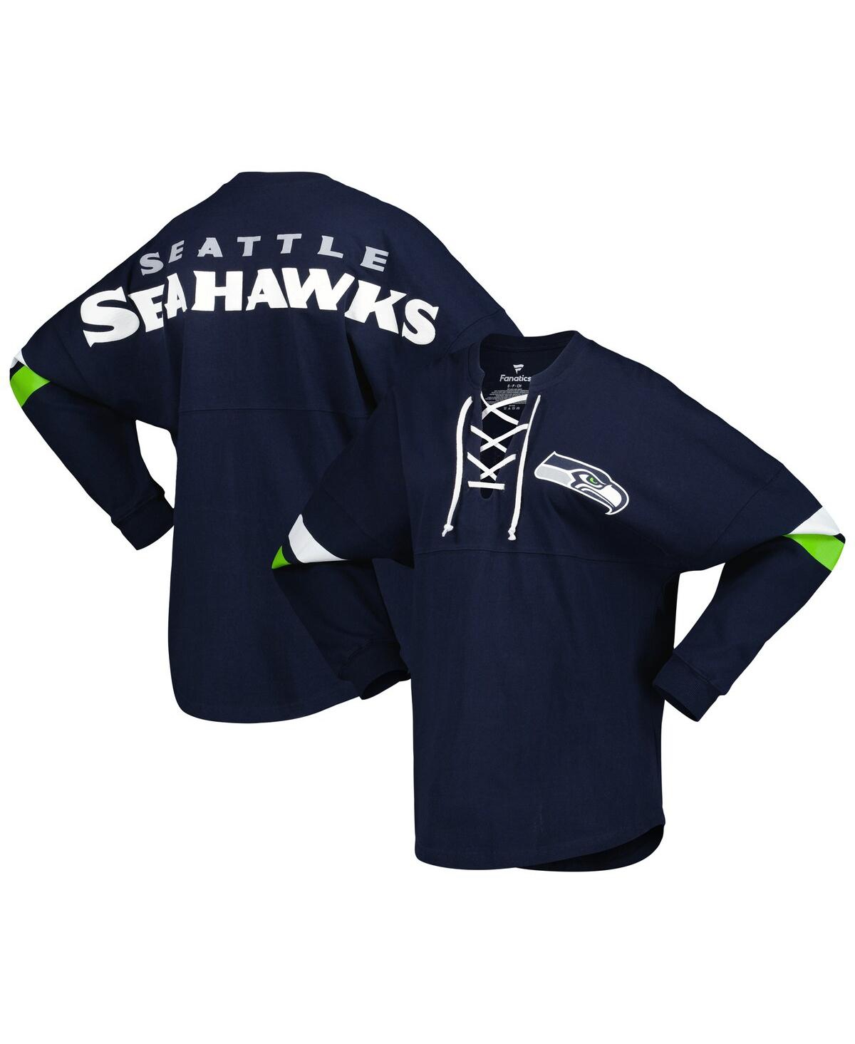 Shop Fanatics Women's  College Navy Seattle Seahawks Spirit Jersey Lace-up V-neck Long Sleeve T-shirt