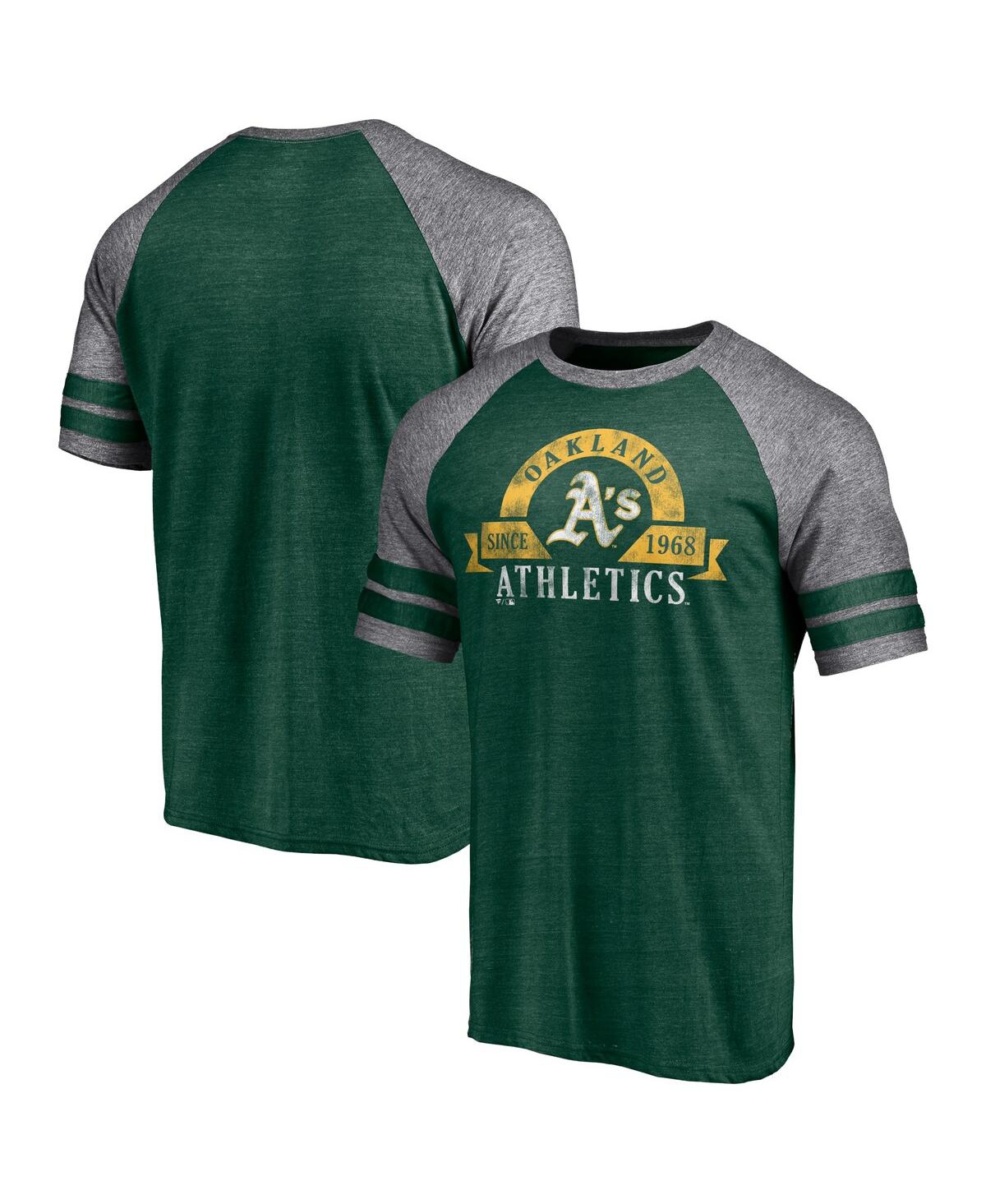 Shop Fanatics Men's  Heather Green Oakland Athletics Utility Two-stripe Raglan Tri-blend T-shirt