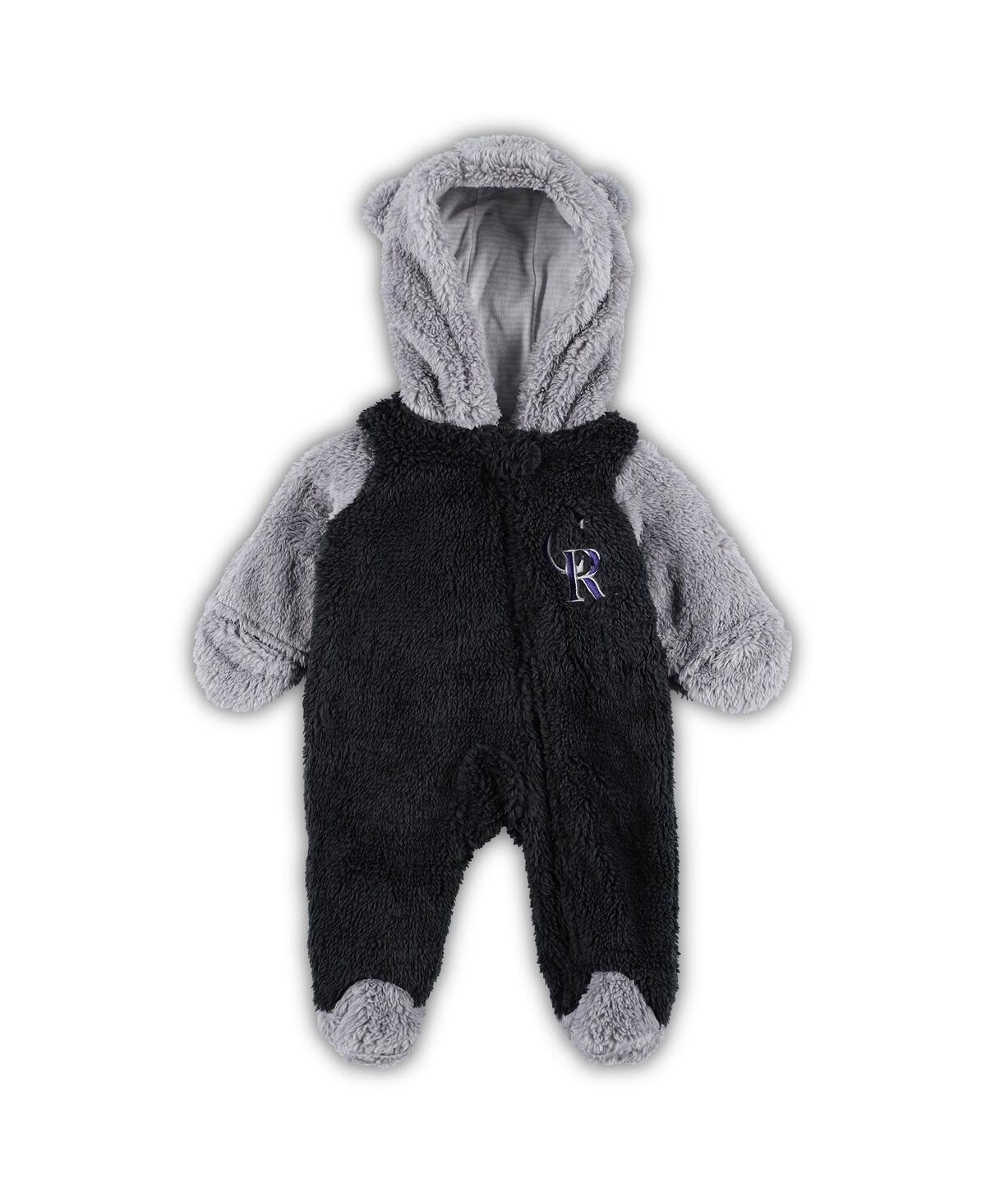 Outerstuff Newborn And Infant Boys And Girls Black, Gray Colorado Rockies Game Nap Teddy Fleece Bunting Full-zi In Black,gray